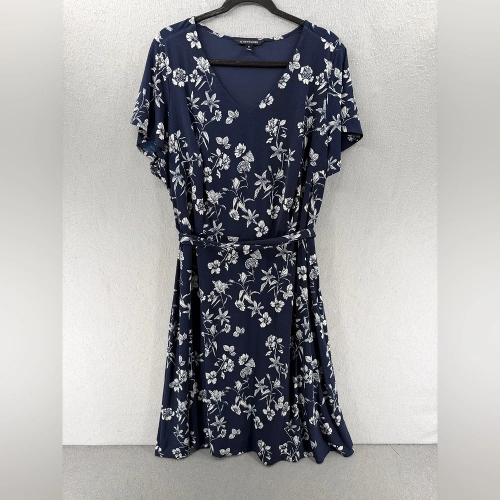 41 Hawthron Dress Womens 2X Navy White Flutter‎ Sleeve Botanical Garden Office